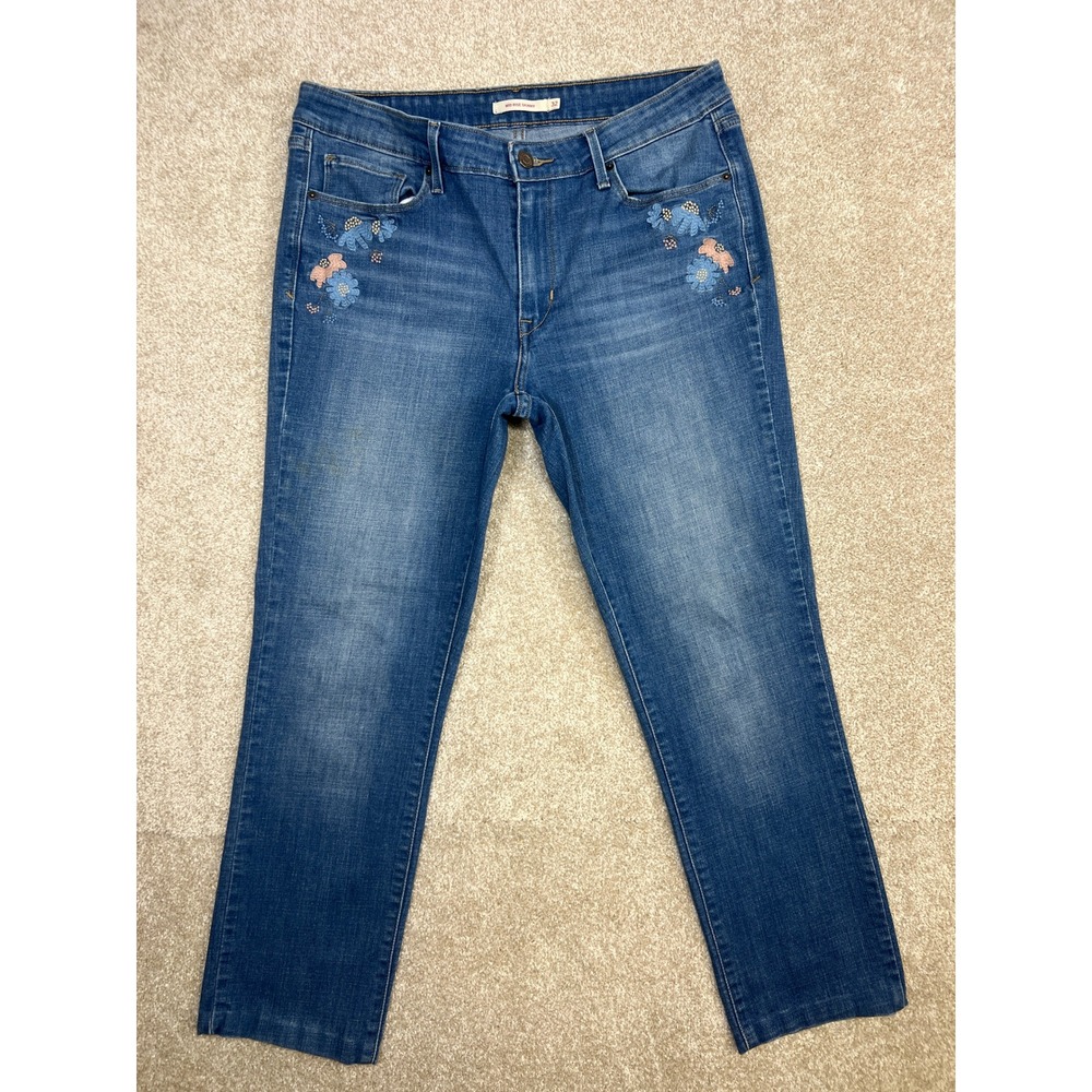 Levi Strauss Co Mid Rise Skinny Jeans Blue Embroidered Floral Women Size 32X32